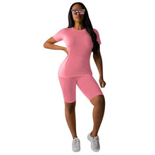 Load image into Gallery viewer, Women Tracksuit 2 Piece Set Solid Short Sleeve Crop Tops T-Shirt Short Pants Suit Matching Set Female Joggers Sportwear Fitness - Larry's Anything Goes