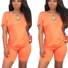 Load image into Gallery viewer, Women Tracksuit 2 Piece Set Solid Short Sleeve Crop Tops T-Shirt Short Pants Suit Matching Set Female Joggers Sportwear Fitness - Larry's Anything Goes