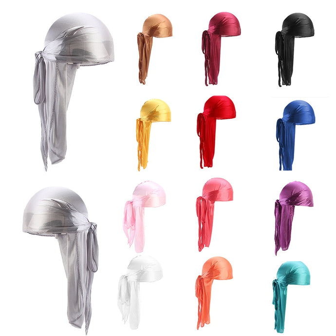2019 New Unisex Long Silk Satin Breathable Turban Hat Wigs Doo Durag Biker Headwrap Chemo Cap Pirate Hat Men Hair Accessories - Larry's Anything Goes