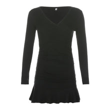 Load image into Gallery viewer, Sweetown Black Knitted Ribbed Midi Dresses For Women V Neck Elegant Korean Clothes Long Sleeve Ruffles Bodycon Dresses Autumn - Larry's Anything Goes