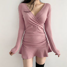 Load image into Gallery viewer, Sweetown Black Knitted Ribbed Midi Dresses For Women V Neck Elegant Korean Clothes Long Sleeve Ruffles Bodycon Dresses Autumn - Larry's Anything Goes