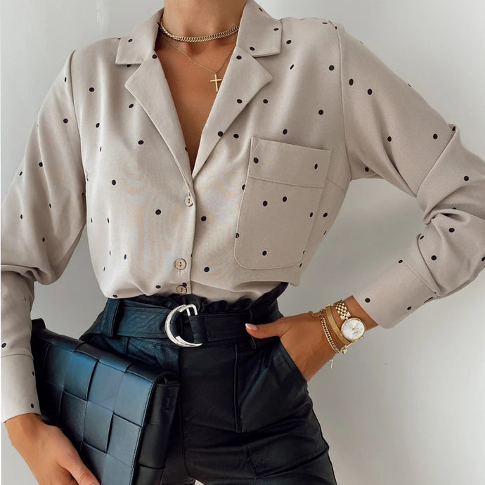 Pocket Long Sleeve Turn Down Collar Women Blouse Office Lady Polka Dot Cotton Casual Shirts 2021 New Spring - Larry's Anything Goes