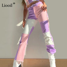 Load image into Gallery viewer, Liooil Patchwork Skinny Straight Leg boyfriend Jeans Woman High Waist Denim Trousers Sexy Color Block Brown Streetwear Pants - Larry's Anything Goes