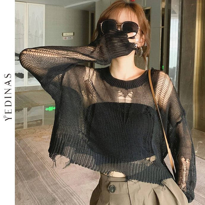 Yedinas Black Gothic Thin Women Pullover Loose Sweater 2021 Lady Hollow Out Hole Broken Streetwear Stretch Split Knit Short Top - Larry's Anything Goes
