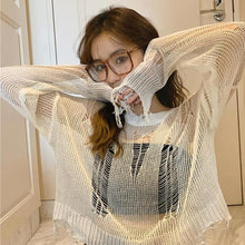 Load image into Gallery viewer, Yedinas Black Gothic Thin Women Pullover Loose Sweater 2021 Lady Hollow Out Hole Broken Streetwear Stretch Split Knit Short Top - Larry's Anything Goes