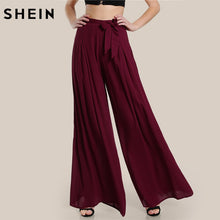 Load image into Gallery viewer, SHEIN Self Tie Fold Pleated Palazzo Pants Women Bottoms 2017 Women Casual Pants Burgundy Mid Waist Wide Leg Pants - Larry's Anything Goes