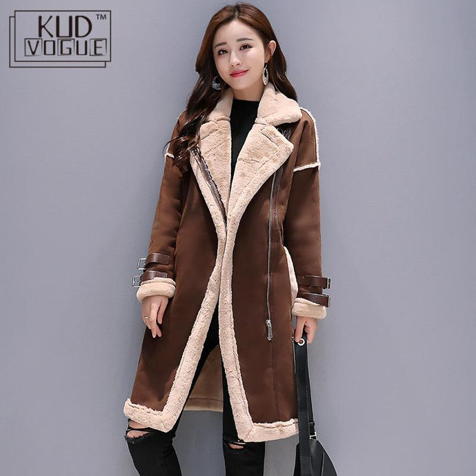 Women Faux Leather Lambs Wool Coat Female Long Thick Warm Shearling Coats Suede Leather Jackets Autumn Winter Female Outerwear - Larry's Anything Goes