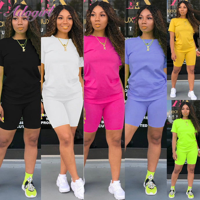 Women Tracksuit 2 Piece Set Solid Short Sleeve Crop Tops T-Shirt Short Pants Suit Matching Set Female Joggers Sportwear Fitness - Larry's Anything Goes