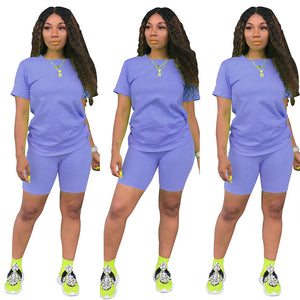 Women Tracksuit 2 Piece Set Solid Short Sleeve Crop Tops T-Shirt Short Pants Suit Matching Set Female Joggers Sportwear Fitness - Larry's Anything Goes