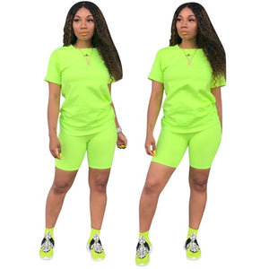 Women Tracksuit 2 Piece Set Solid Short Sleeve Crop Tops T-Shirt Short Pants Suit Matching Set Female Joggers Sportwear Fitness - Larry's Anything Goes