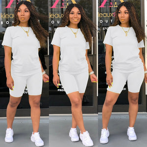 Women Tracksuit 2 Piece Set Solid Short Sleeve Crop Tops T-Shirt Short Pants Suit Matching Set Female Joggers Sportwear Fitness - Larry's Anything Goes