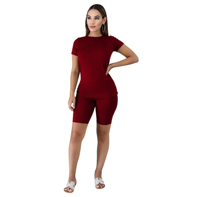 Women Tracksuit 2 Piece Set Solid Short Sleeve Crop Tops T-Shirt Short Pants Suit Matching Set Female Joggers Sportwear Fitness - Larry's Anything Goes
