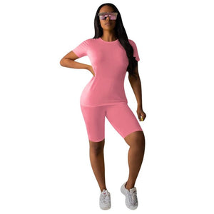 Women Tracksuit 2 Piece Set Solid Short Sleeve Crop Tops T-Shirt Short Pants Suit Matching Set Female Joggers Sportwear Fitness - Larry's Anything Goes