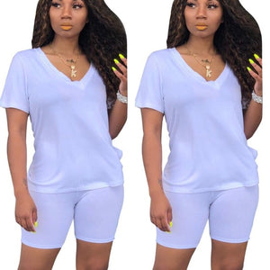 Women Tracksuit 2 Piece Set Solid Short Sleeve Crop Tops T-Shirt Short Pants Suit Matching Set Female Joggers Sportwear Fitness - Larry's Anything Goes