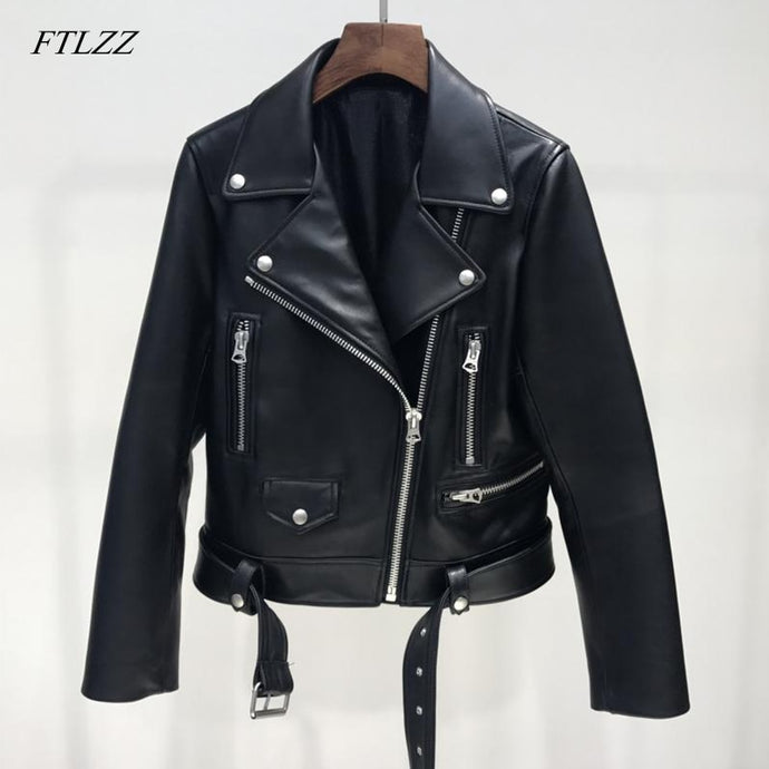 FTLZZ New Autumn Women Pu Leather Jacket Woman Zipper Belt Short Coat Female Black Punk Bomber Faux Leather Outwear - Larry's Anything Goes