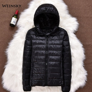 Winter Women Ultralight Thin Down Jacket White Duck Down Hooded Jackets Long Sleeve Warm Coat Parka Female Portable Outwear - Larry's Anything Goes