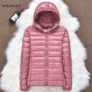 Winter Women Ultralight Thin Down Jacket White Duck Down Hooded Jackets Long Sleeve Warm Coat Parka Female Portable Outwear - Larry's Anything Goes