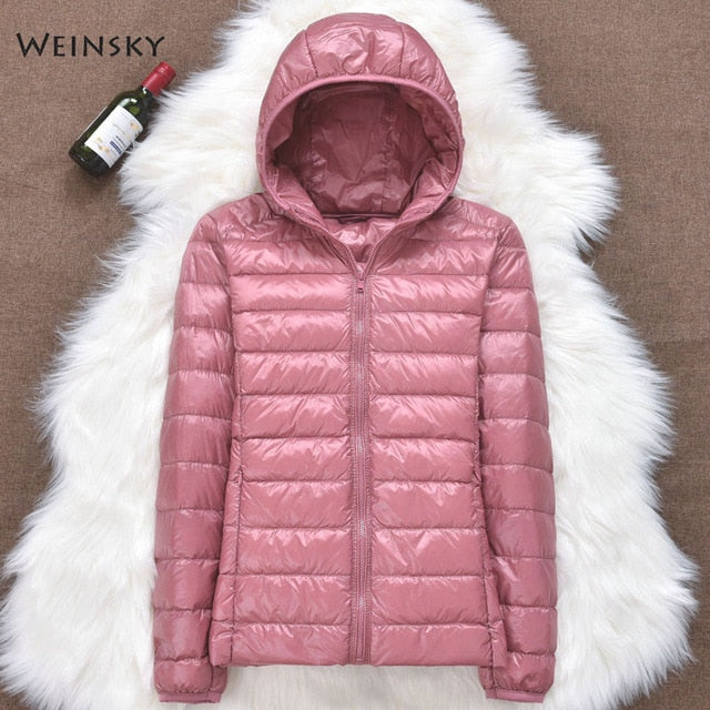 Winter Women Ultralight Thin Down Jacket White Duck Down Hooded Jackets Long Sleeve Warm Coat Parka Female Portable Outwear - Larry's Anything Goes