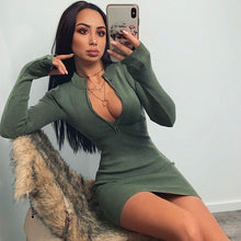 Load image into Gallery viewer, Women Winter Fall Bodycon Ribbed Dress 2020 New Stand Collar Zipper Deep V-neck Solid Stretch Bodycon Pencil Party Mini Vestido - Larry&#39;s Anything Goes