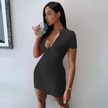 Load image into Gallery viewer, Women Winter Fall Bodycon Ribbed Dress 2020 New Stand Collar Zipper Deep V-neck Solid Stretch Bodycon Pencil Party Mini Vestido - Larry&#39;s Anything Goes