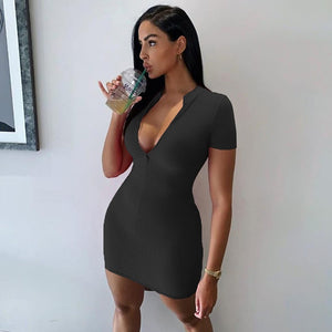 Women Winter Fall Bodycon Ribbed Dress 2020 New Stand Collar Zipper Deep V-neck Solid Stretch Bodycon Pencil Party Mini Vestido - Larry's Anything Goes