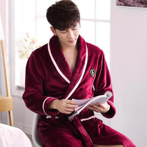 Men Casual Kimono Bathrobe Autumn Winter Flannel Long Robe Thick Warm Sleepwear Plus Size 3XL Nightgown Male Loose Home Wear - Larry's Anything Goes