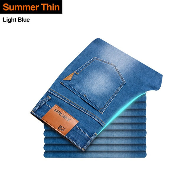 Brother Wang Classic style Men Brand Jeans Business Casual Stretch Slim Denim Pants Light Blue Black Trousers Male - Larry's Anything Goes