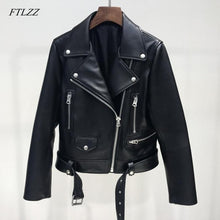 Load image into Gallery viewer, FTLZZ New Autumn Women Pu Leather Jacket Woman Zipper Belt Short Coat Female Black Punk Bomber Faux Leather Outwear - Larry&#39;s Anything Goes