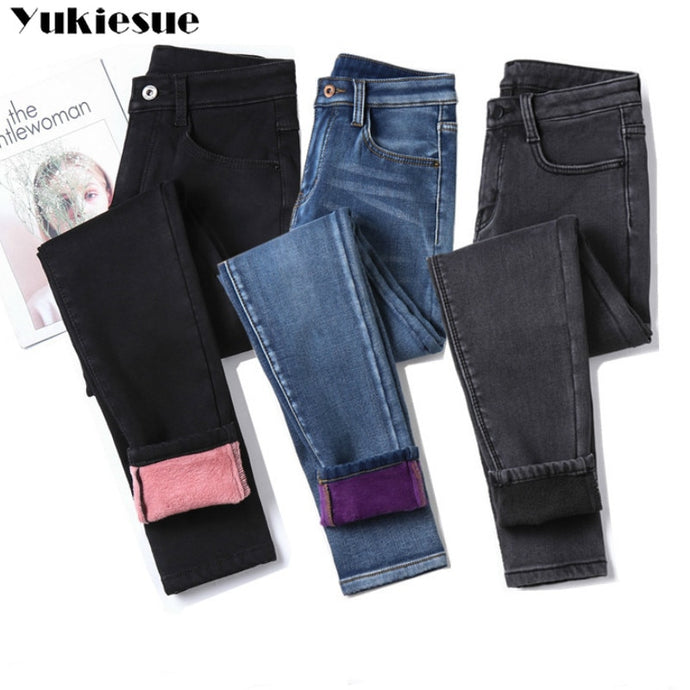 Winter Warm Jeans Woman 2020 High Waist Casual Velvet Ladies Trousers Female Pantalon Denim jeans for Women Pants Plus size 40 - Larry's Anything Goes