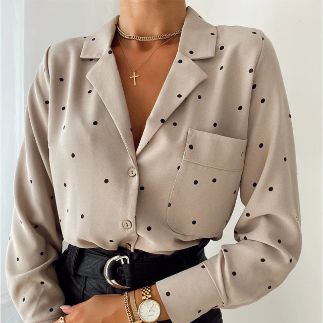 Pocket Long Sleeve Turn Down Collar Women Blouse Office Lady Polka Dot Cotton Casual Shirts 2021 New Spring - Larry's Anything Goes