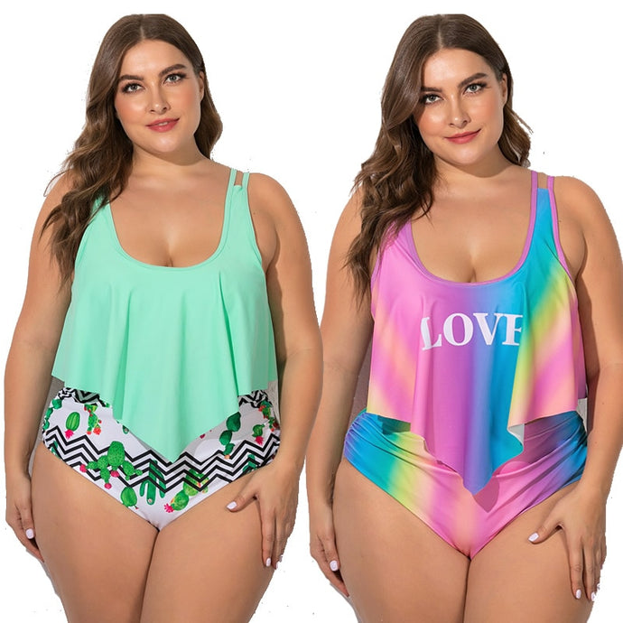 2021 Summer Plus Size Two Pieces Women's Bikinis Set Cactus/Letter Printed Ruffle Big Swimsuit Large Female Swimming Suits 5XL - Larry's Anything Goes