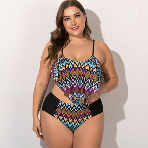 2021 Summer Plus Size Two Pieces Women's Bikinis Set Cactus/Letter Printed Ruffle Big Swimsuit Large Female Swimming Suits 5XL - Larry's Anything Goes