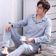 Load image into Gallery viewer, 2021 Summer Casual Striped Cotton Pajama Sets for Men Short Sleeve Long Pants Sleepwear Pyjama Male Homewear Lounge Wear Clothes