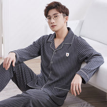 Load image into Gallery viewer, 2021 Summer Casual Striped Cotton Pajama Sets for Men Short Sleeve Long Pants Sleepwear Pyjama Male Homewear Lounge Wear Clothes