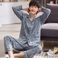 Load image into Gallery viewer, 2021 Summer Casual Striped Cotton Pajama Sets for Men Short Sleeve Long Pants Sleepwear Pyjama Male Homewear Lounge Wear Clothes