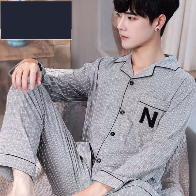 2021 Summer Casual Striped Cotton Pajama Sets for Men Short Sleeve Long Pants Sleepwear Pyjama Male Homewear Lounge Wear Clothes