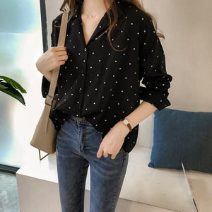 Pocket Long Sleeve Turn Down Collar Women Blouse Office Lady Polka Dot Cotton Casual Shirts 2021 New Spring - Larry's Anything Goes