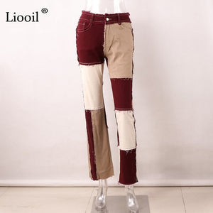 Liooil Patchwork Skinny Straight Leg boyfriend Jeans Woman High Waist Denim Trousers Sexy Color Block Brown Streetwear Pants - Larry's Anything Goes