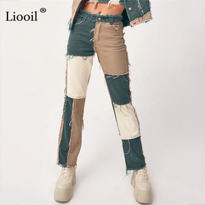 Liooil Patchwork Skinny Straight Leg boyfriend Jeans Woman High Waist Denim Trousers Sexy Color Block Brown Streetwear Pants - Larry's Anything Goes