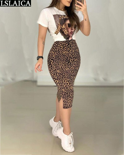 Two Peice Set For Women Casual O-Neck T Shirt& Skirt Set Fashion Leopard Print Office Women Set Elegance Skinny Ropa Femenina - Larry's Anything Goes