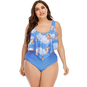 2021 Summer Plus Size Two Pieces Women's Bikinis Set Cactus/Letter Printed Ruffle Big Swimsuit Large Female Swimming Suits 5XL - Larry's Anything Goes