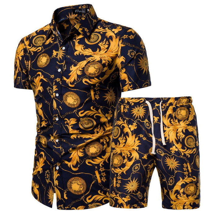 2020 Summer New Men's Clothing Short-sleeved Printed Shirts Shorts 2 Piece Fashion Male Casual Beach Wear Clothes - Larry's Anything Goes