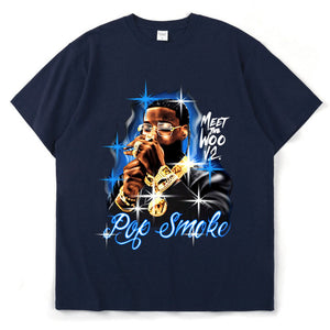 2021 New Pop Smoke Fashion T Shirt Hip Hop Streetwear Male T-Shirt Men Rapper The Woo King Casual Tops 100% Cotton Tee Shirt - Larry's Anything Goes