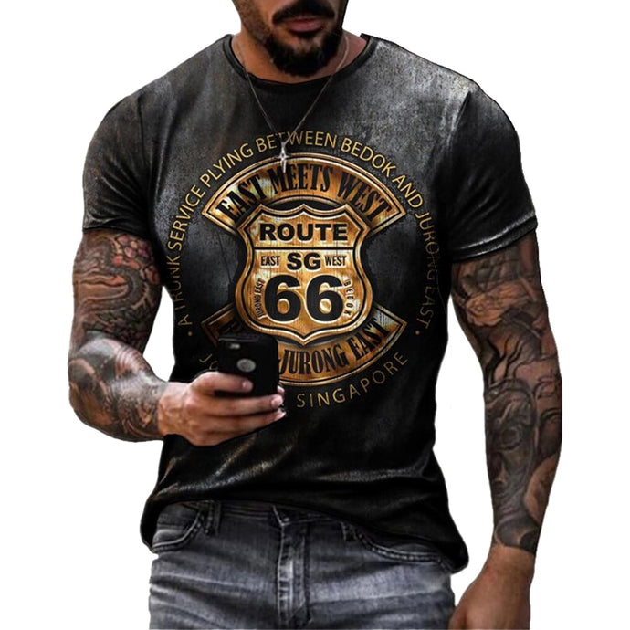 Summer New Mens T Shirts Oversized Loose Clothes Vintage Short Sleeve Fashion America Route 66 Letters Printed O Collared Tshirt - Larry's Anything Goes