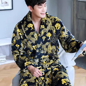 Men Casual Kimono Bathrobe Autumn Winter Flannel Long Robe Thick Warm Sleepwear Plus Size 3XL Nightgown Male Loose Home Wear - Larry's Anything Goes