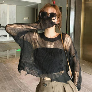 Yedinas Black Gothic Thin Women Pullover Loose Sweater 2021 Lady Hollow Out Hole Broken Streetwear Stretch Split Knit Short Top - Larry's Anything Goes