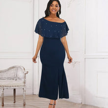 Load image into Gallery viewer, Elegant Women Long Prom Party Dresses Navy Blue Beading Mesh Cloak Sleeve Slit Trumpet Dress Summer Big Size 4XL Curve Outfits - Larry&#39;s Anything Goes