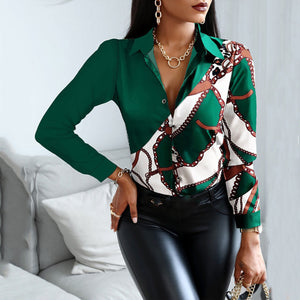 Blouses Woman Casual Office Print Shirts Autumn Fashion Button Long Sleeve White Shirt Elegant Patchwork Slim Tops Women 2021 - Larry's Anything Goes