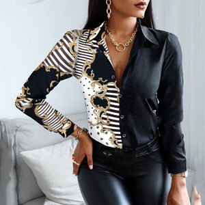 Blouses Woman Casual Office Print Shirts Autumn Fashion Button Long Sleeve White Shirt Elegant Patchwork Slim Tops Women 2021 - Larry's Anything Goes