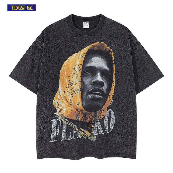 TIDESHEC 2022 Summer Men T-shirt Streetwear Vintage Washed Rapper Portrait Print T-shirt Cotton Oversized Graphics Tee Top - Larry's Anything Goes